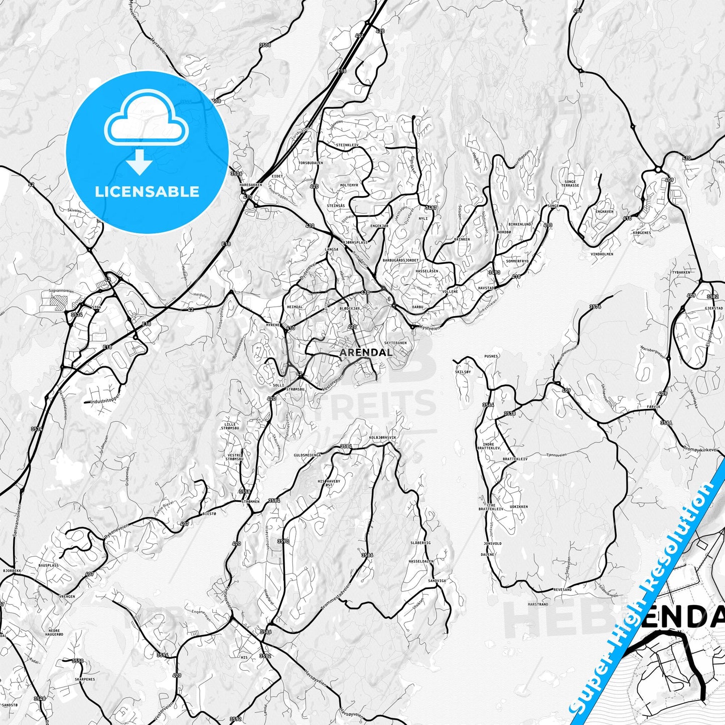 Arendal, Norway Light Map with Street Names, City Names, and Districts