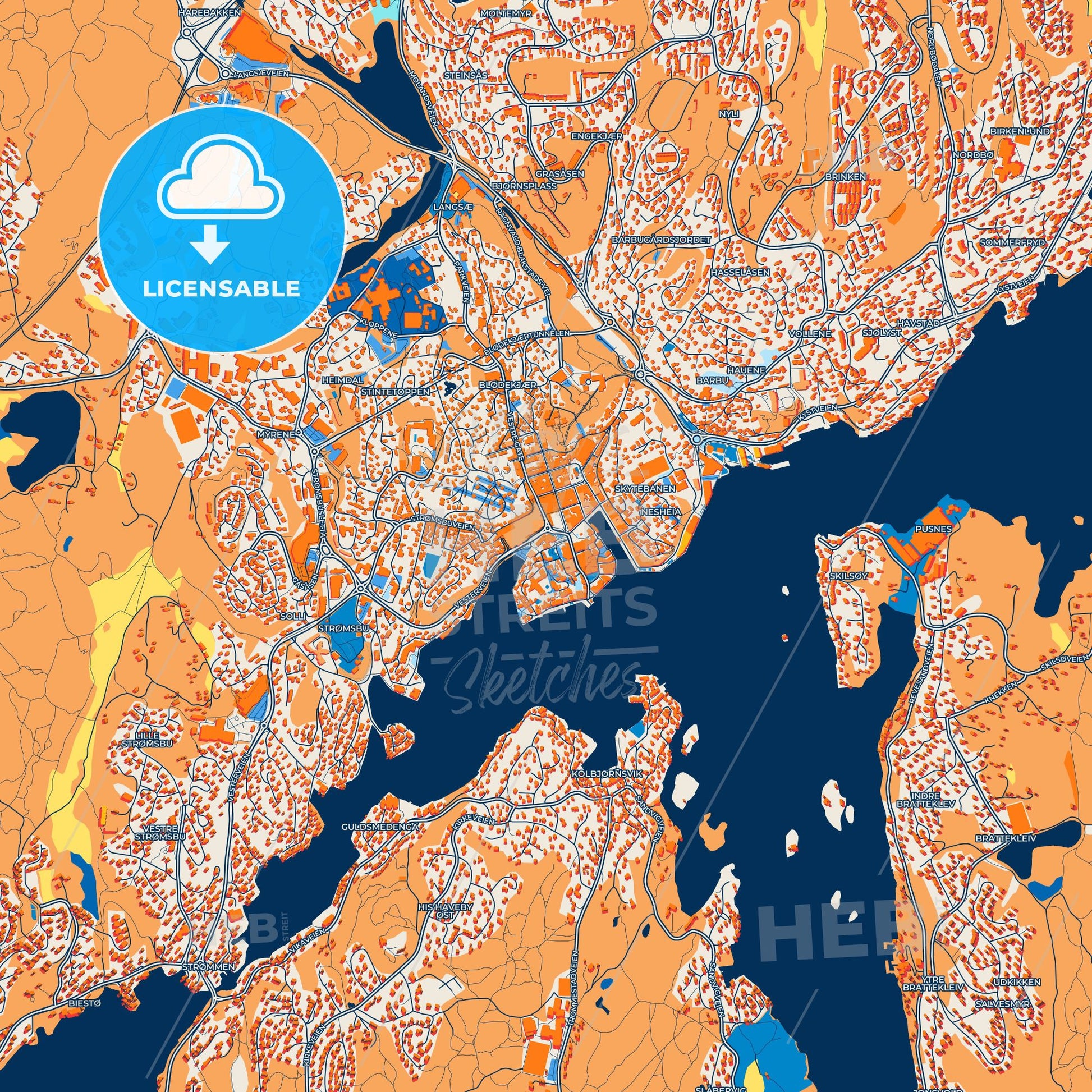 Colorful Arendal Street Map with Labels and Buildings