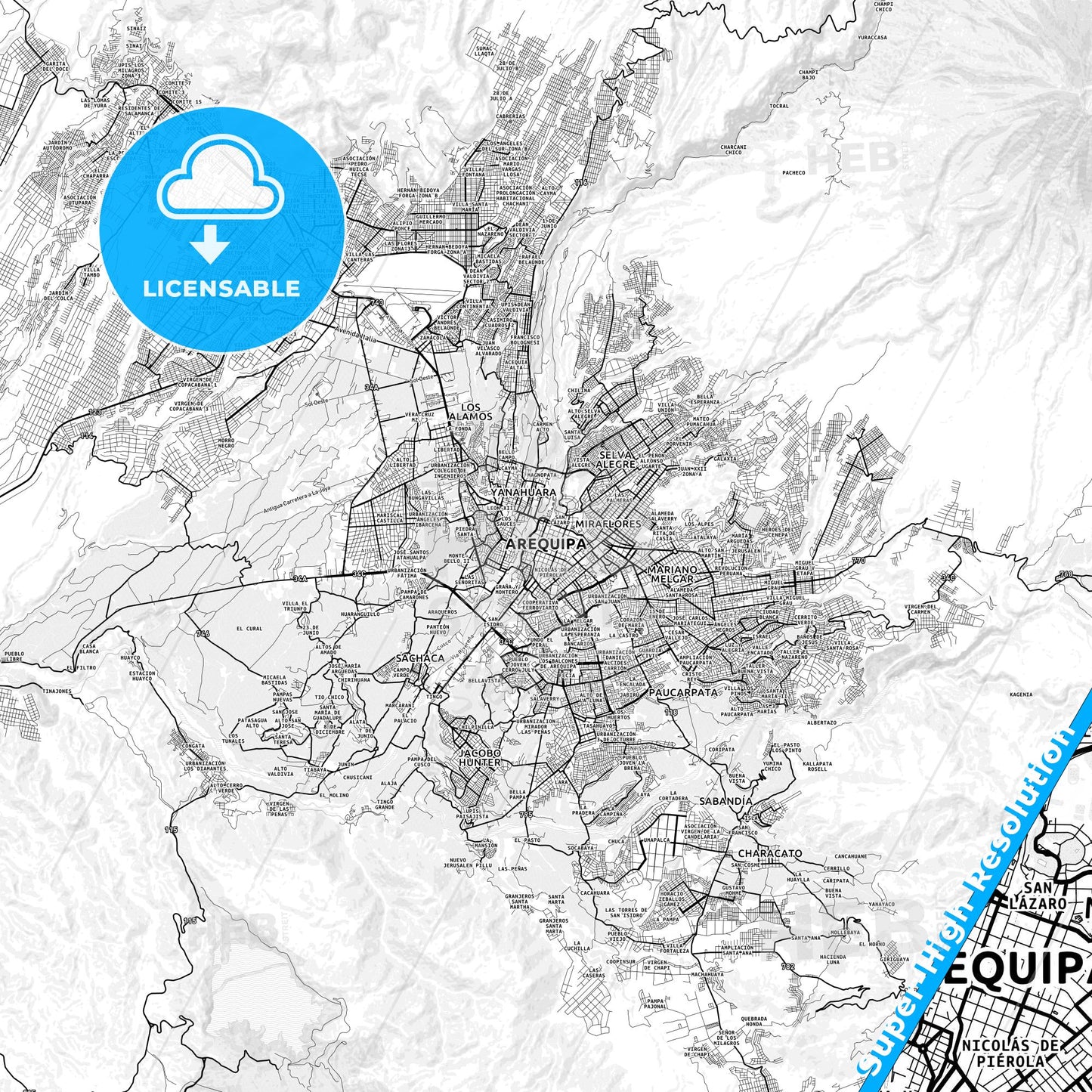 Arequipa, Peru light map with streetnames, citynames and districts