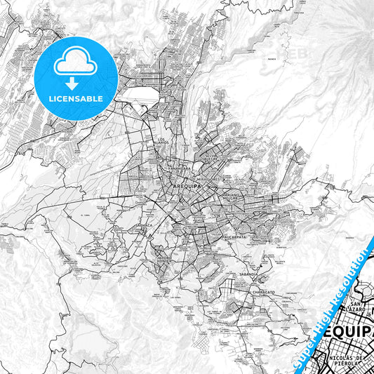 Arequipa, Peru light map with streetnames, citynames and districts