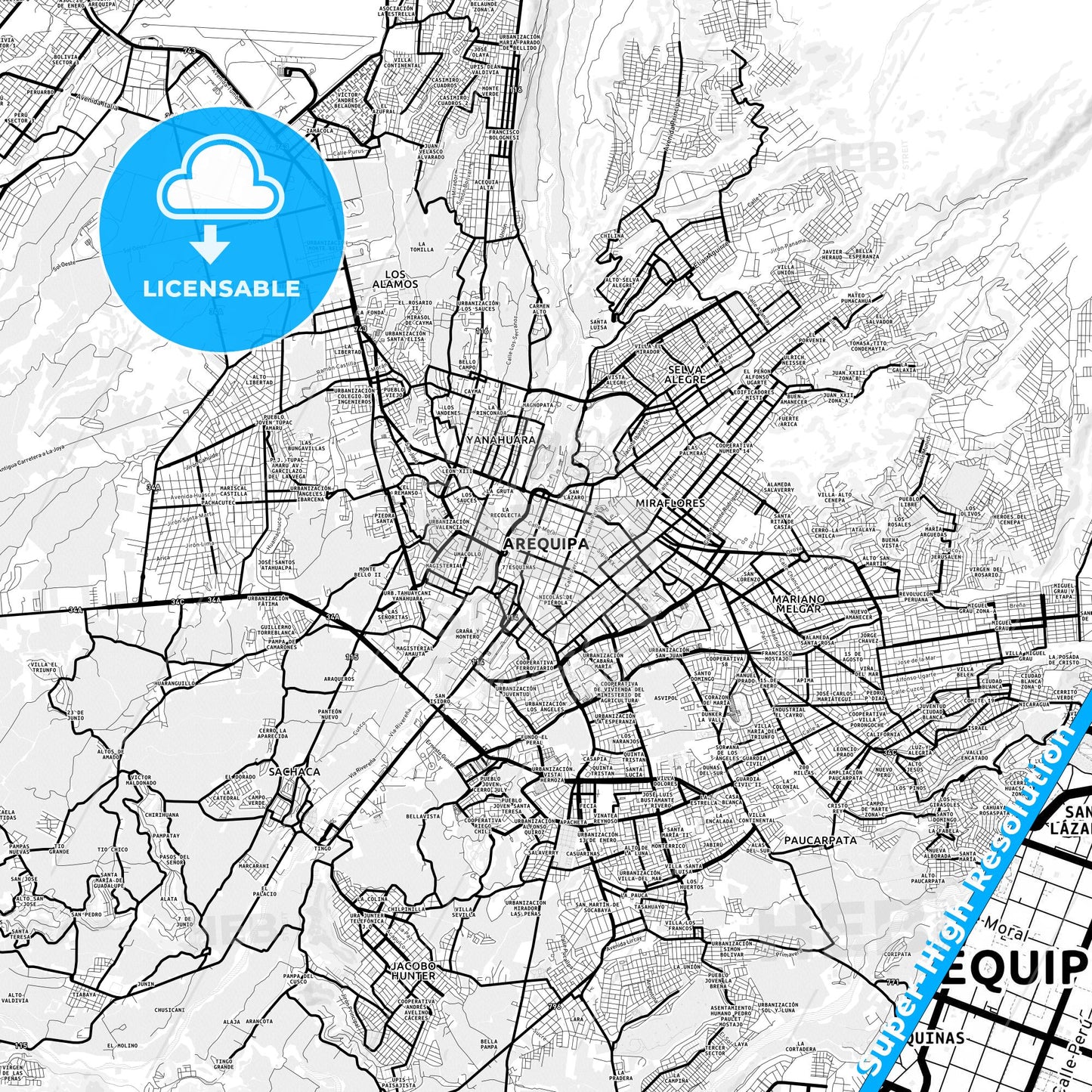 Arequipa, Peru Light Map with Street Names, City Names, and Districts