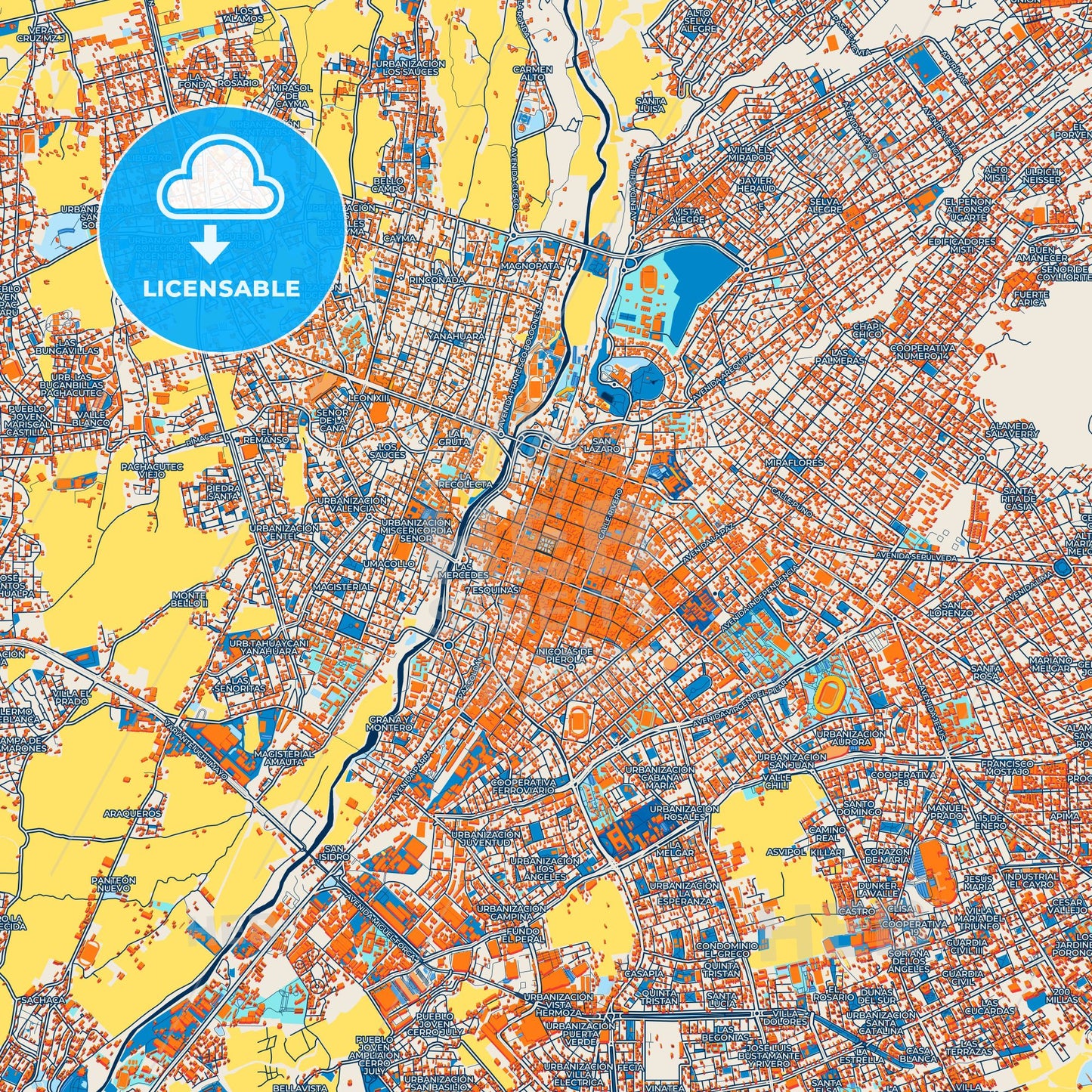 Colorful Arequipa Street Map with Labels and Buildings