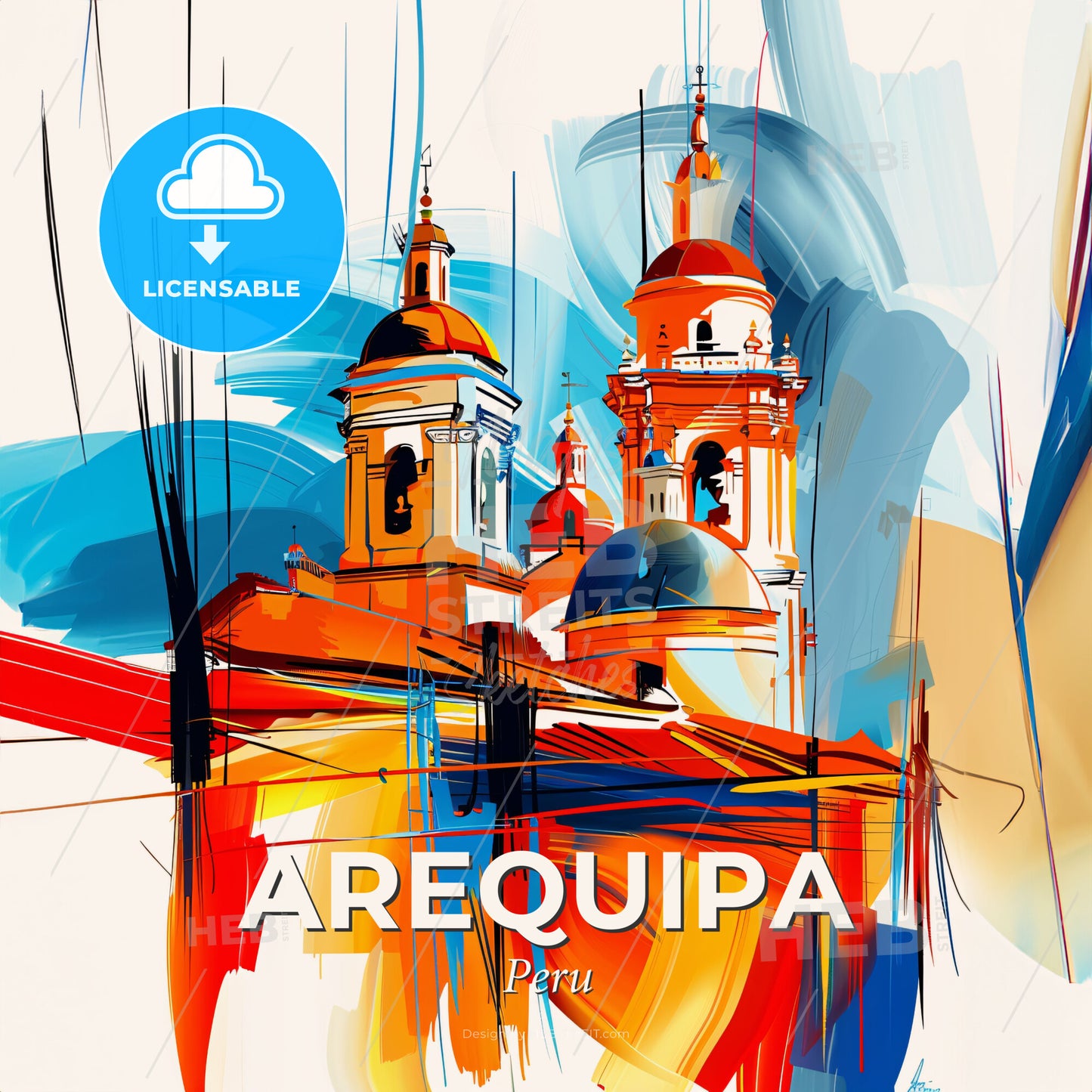 Vibrant Arequipa, Peru - A Painting Of A Building With Domes - Square format print template