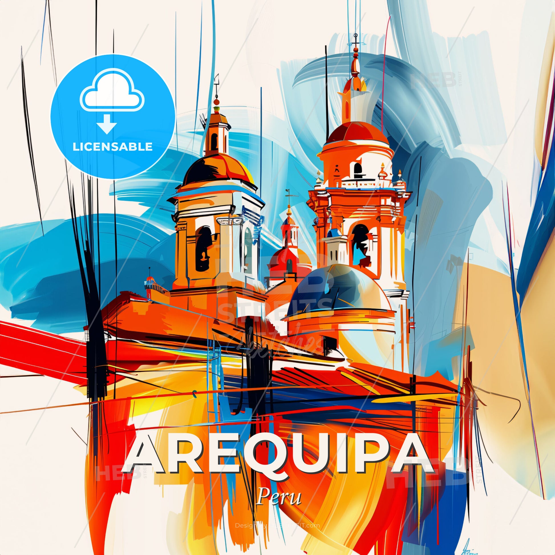 Vibrant Arequipa, Peru - A Painting Of A Building With Domes - Square format print template