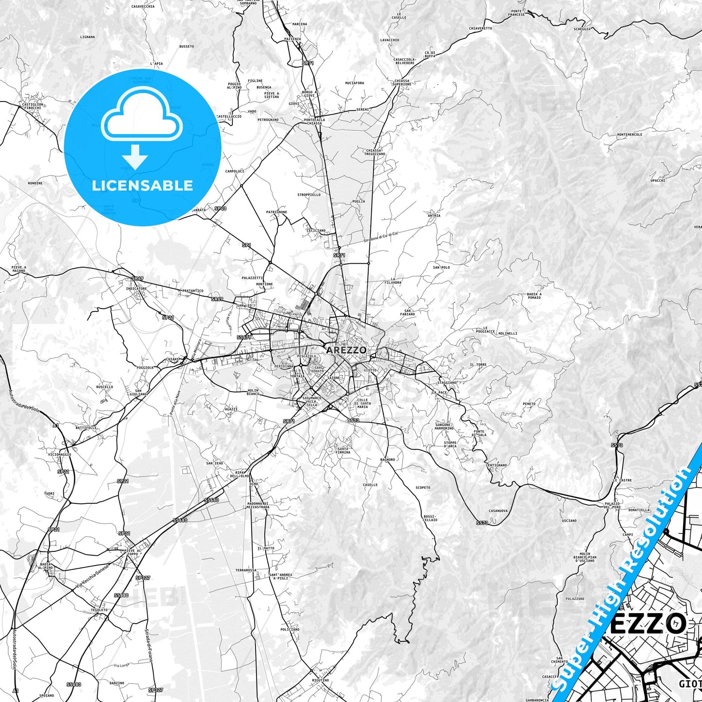 Arezzo, Italy light map with streetnames, citynames and districts