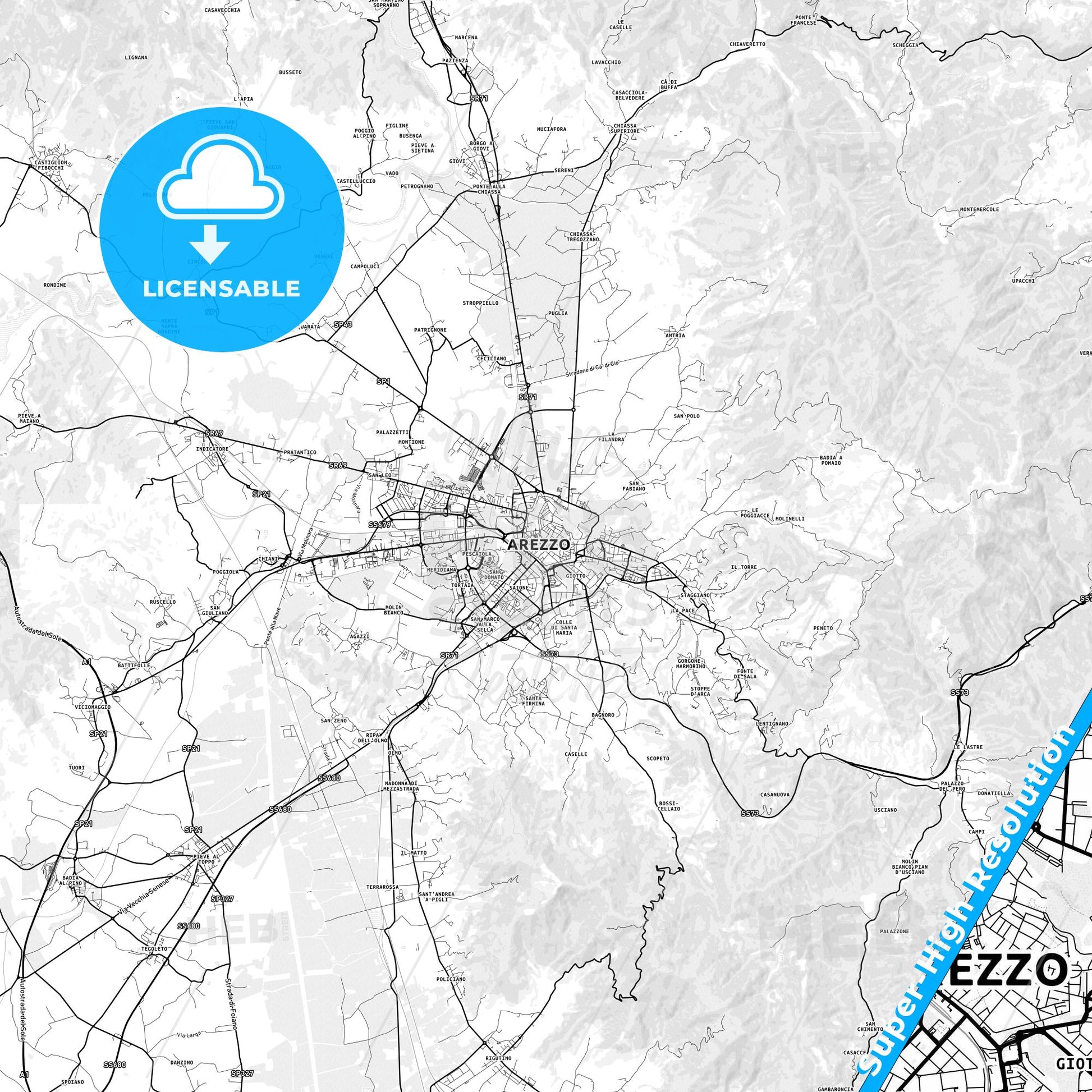 Arezzo, Italy light map with streetnames, citynames and districts
