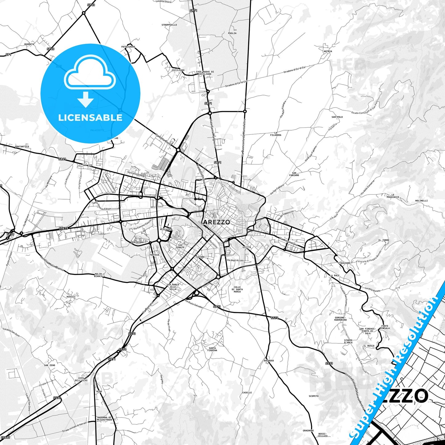 Arezzo, Italy Light Map with Street Names, City Names, and Districts