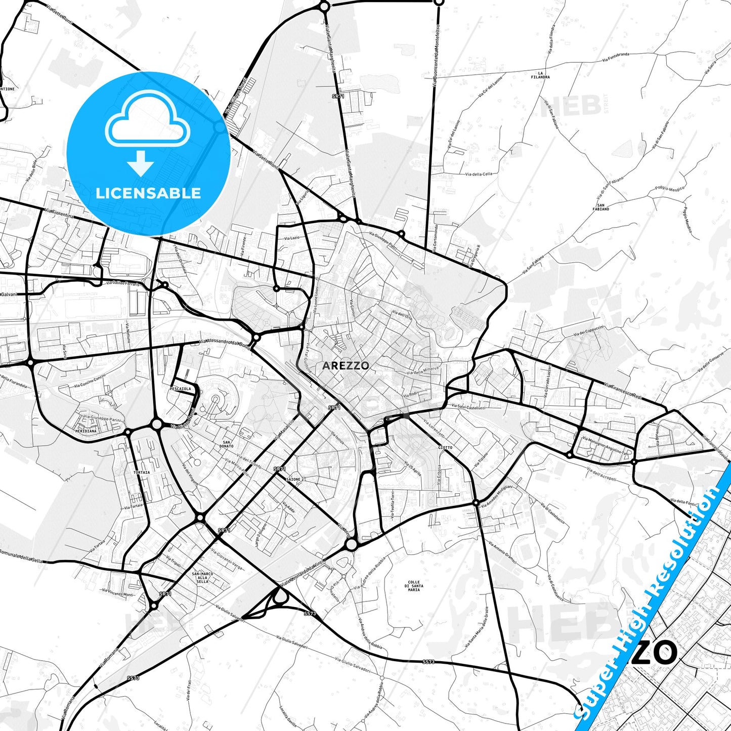 Arezzo, Italy Light Map with Street Names, City Names, and Districts