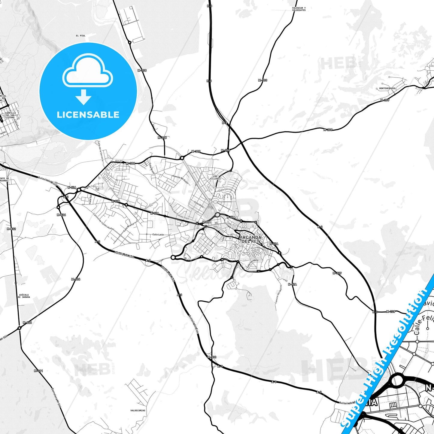 Arganda, Spain Light Map with Street Names, City Names, and Districts