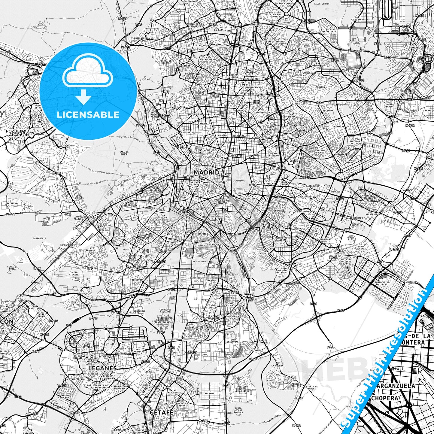 Arganzuela, Spain light map with streetnames, citynames and districts
