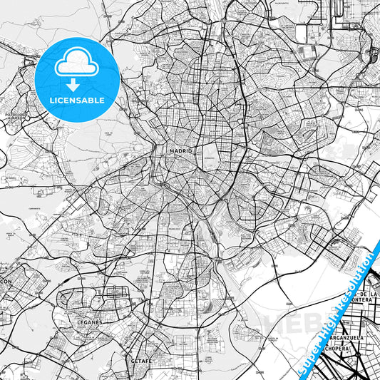 Arganzuela, Spain light map with streetnames, citynames and districts