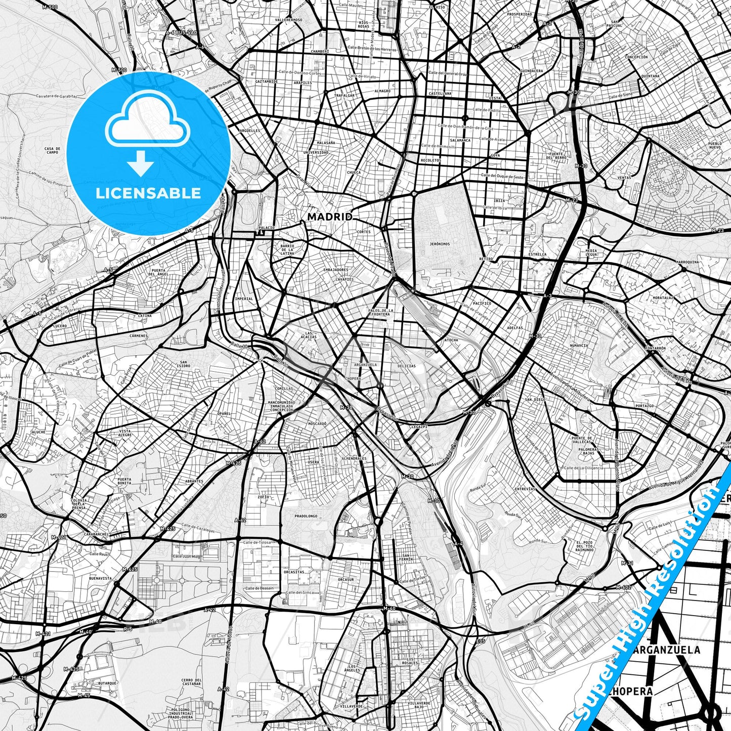 Arganzuela, Spain Light Map with Street Names, City Names, and Districts