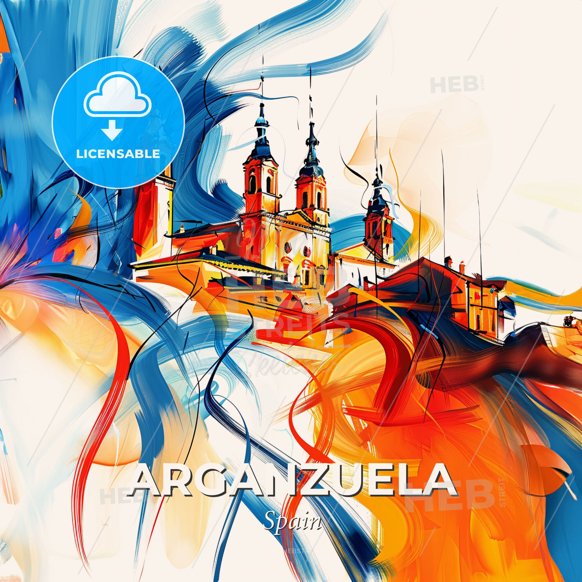 Vibrant Arganzuela, Spain - A Painting Of A Building With Towers And Blue And Orange Colors - Square format print template