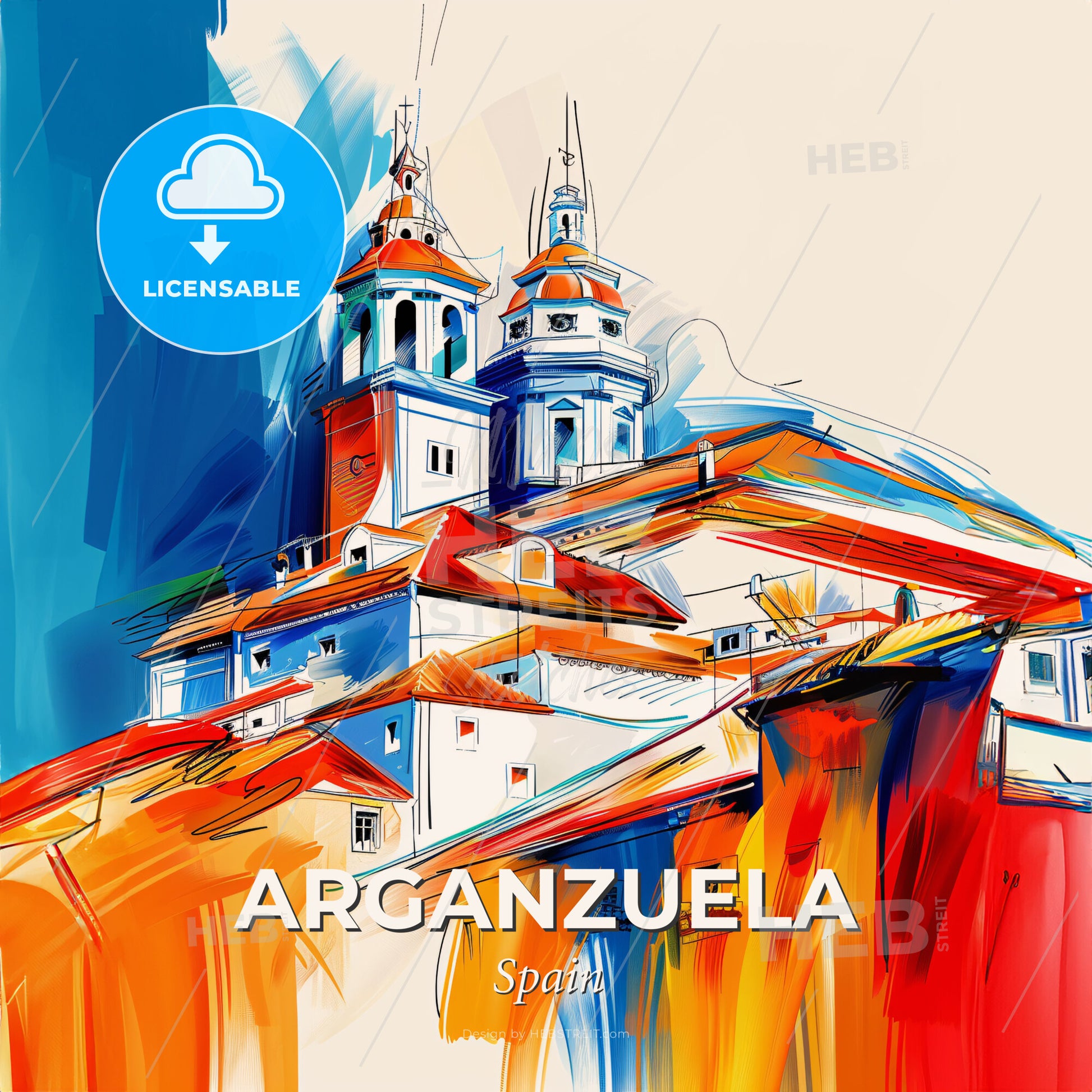 Vibrant Arganzuela, Spain - A Painting Of A Building With Towers - Square format print template