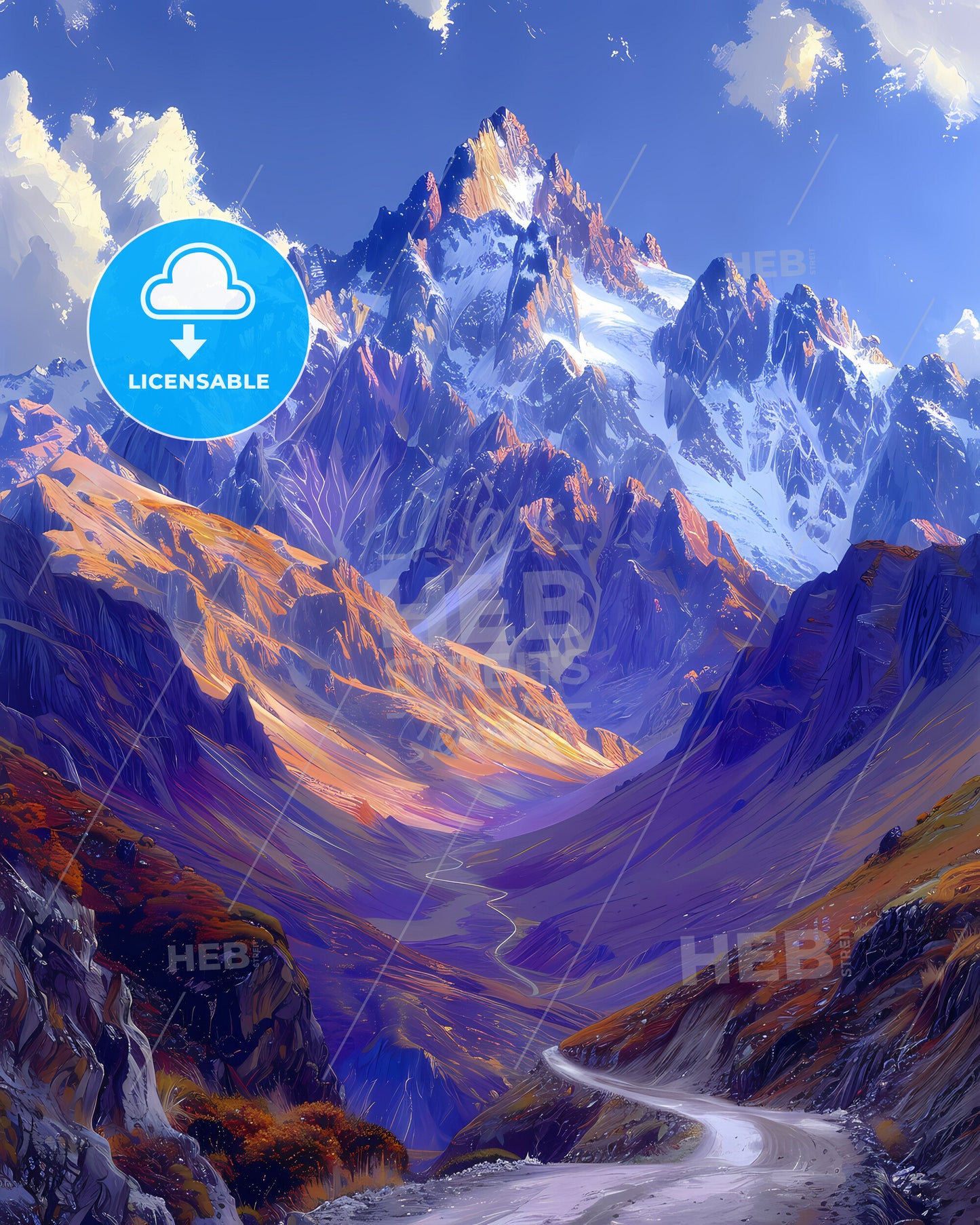 Vibrant Mountain Art: Painted Interpretation of Argentina's Snow-Capped Terrain