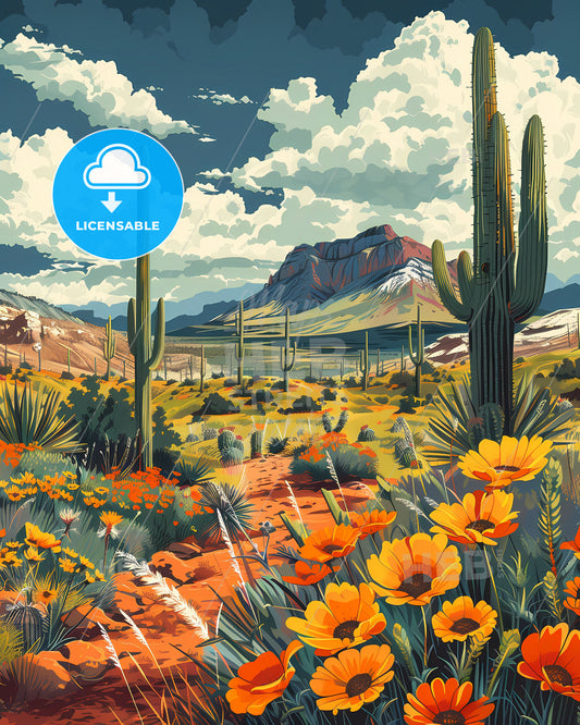 Desert landscape artwork, Argentina, South America, painting, cactuses, mountains, art, vibrant colors, canvas