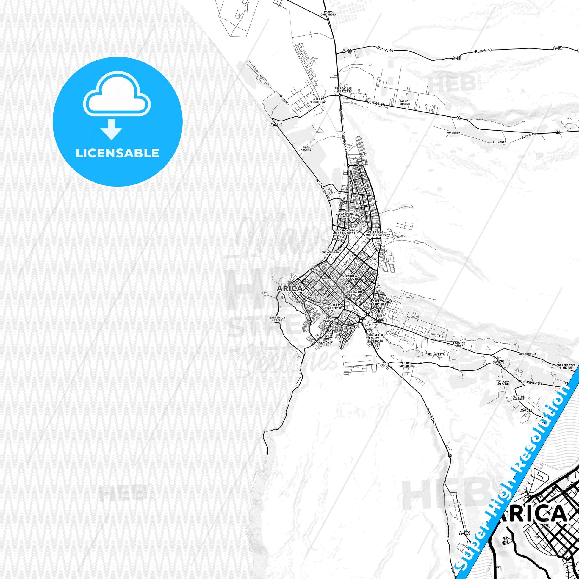 Arica, Chile light map with streetnames, citynames and districts