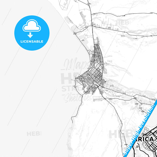Arica, Chile light map with streetnames, citynames and districts