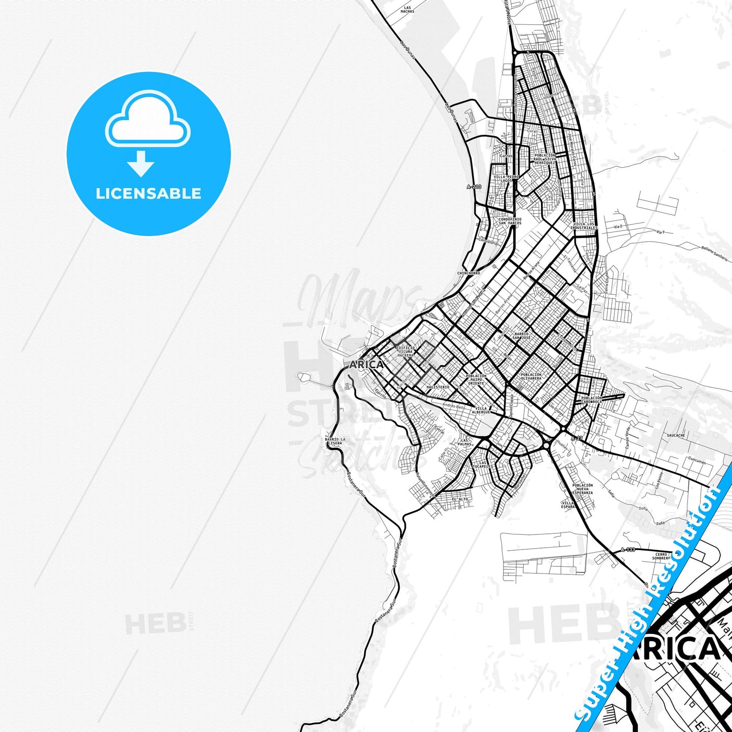 Arica, Chile Light Map with Street Names, City Names, and Districts