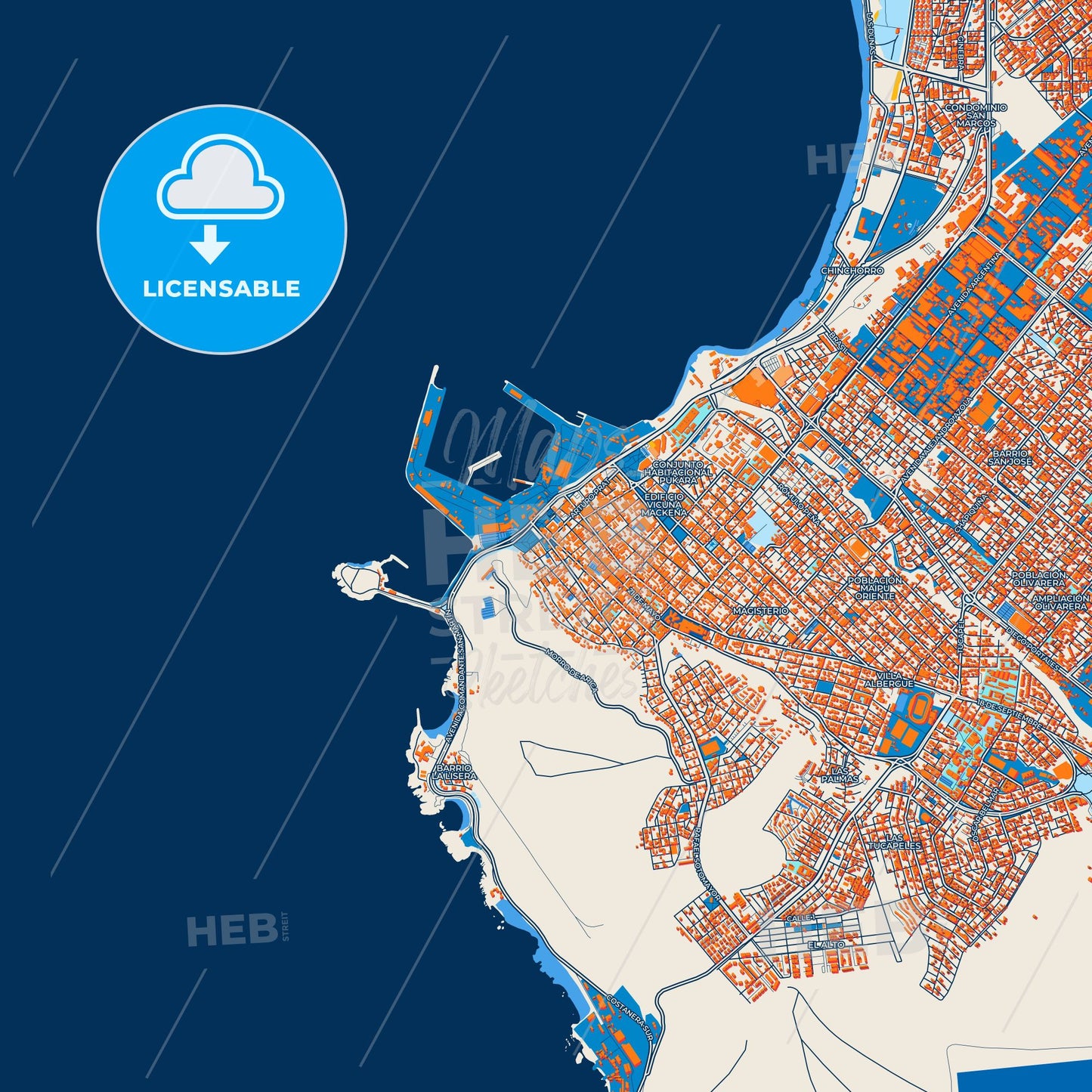 Colorful Arica Street Map with Labels and Buildings