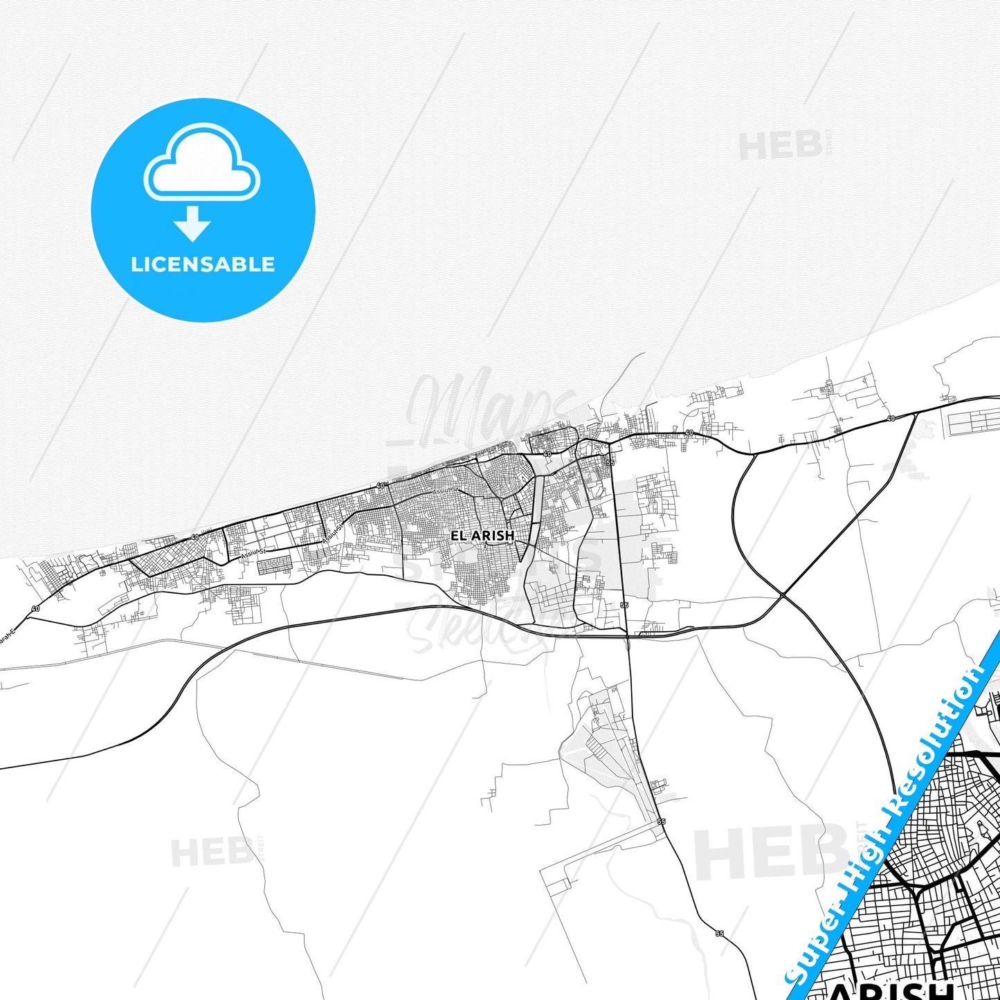 Arish, Egypt light map with streetnames, citynames and districts