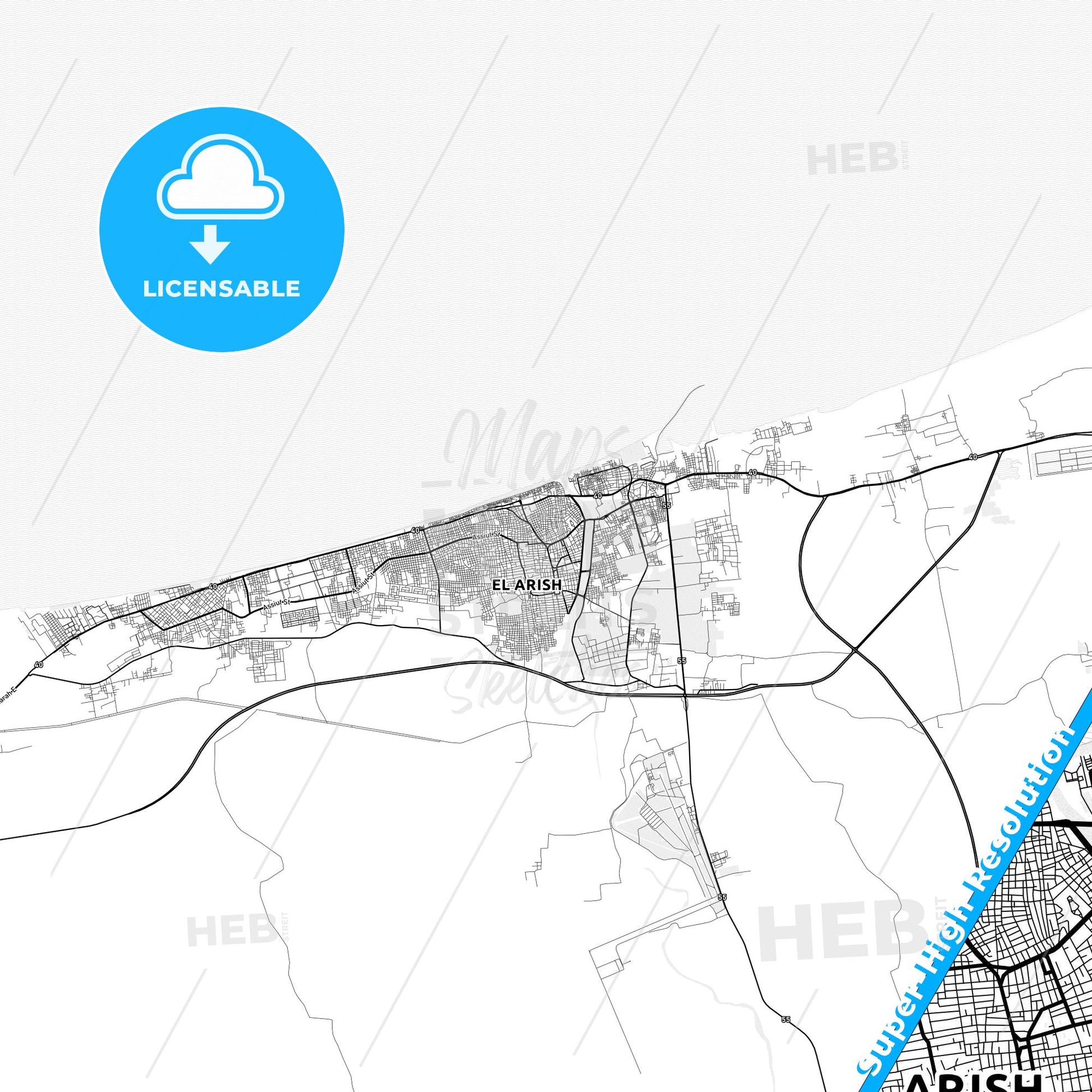 Arish, Egypt light map with streetnames, citynames and districts