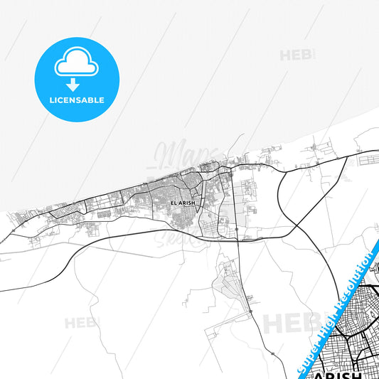 Arish, Egypt light map with streetnames, citynames and districts