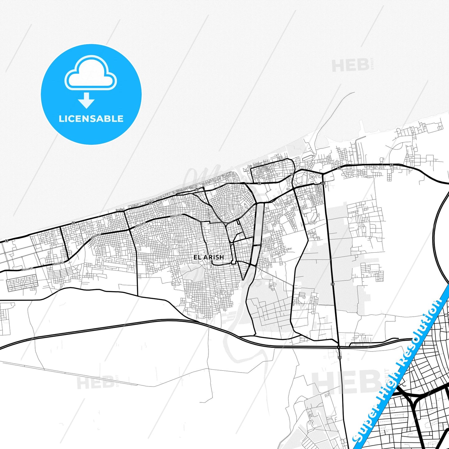 Arish, Egypt Light Map with Street Names, City Names, and Districts