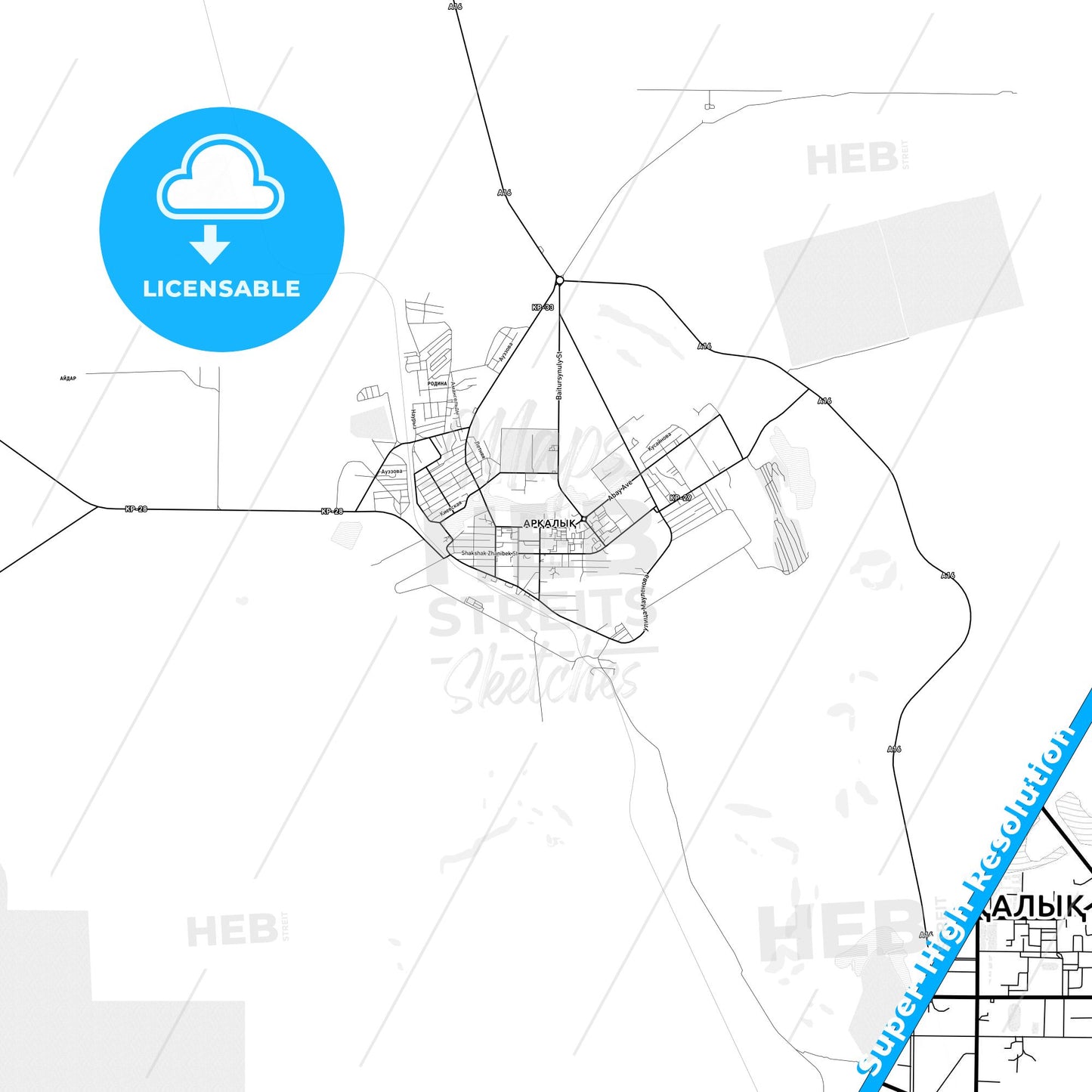 Arkalyk, Kazakhstan light map with streetnames, citynames and districts