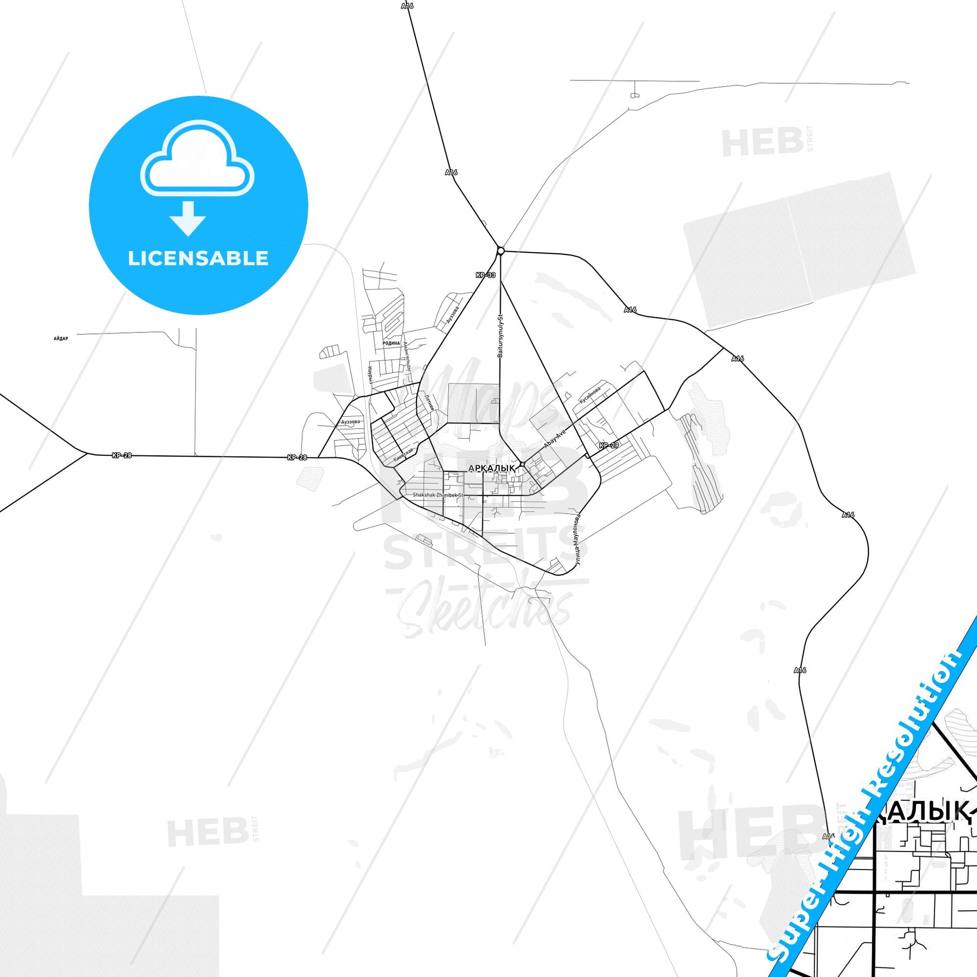 Arkalyk, Kazakhstan light map with streetnames, citynames and districts