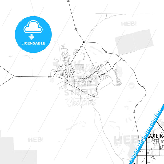 Arkalyk, Kazakhstan light map with streetnames, citynames and districts
