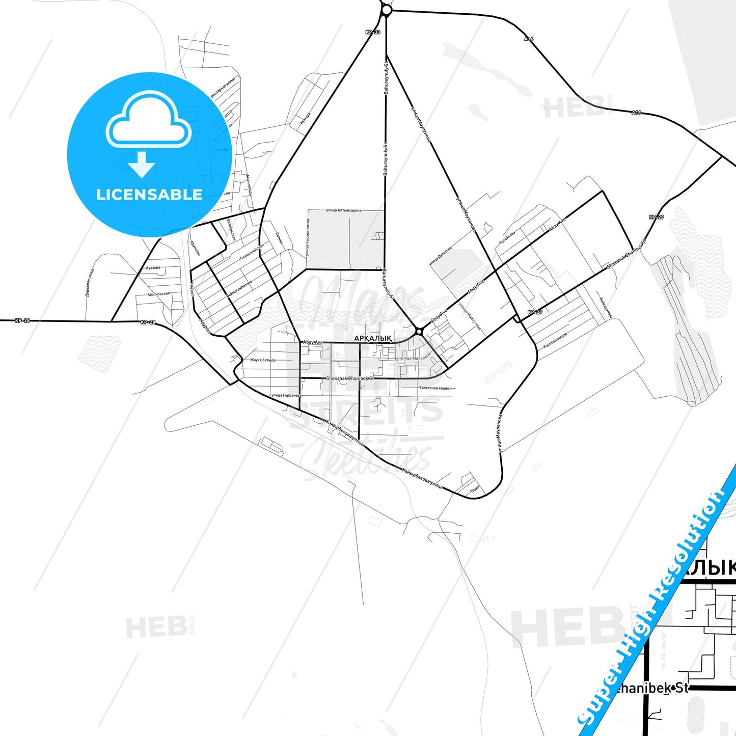 Arkalyk, Kazakhstan Light Map with Street Names, City Names, and Districts