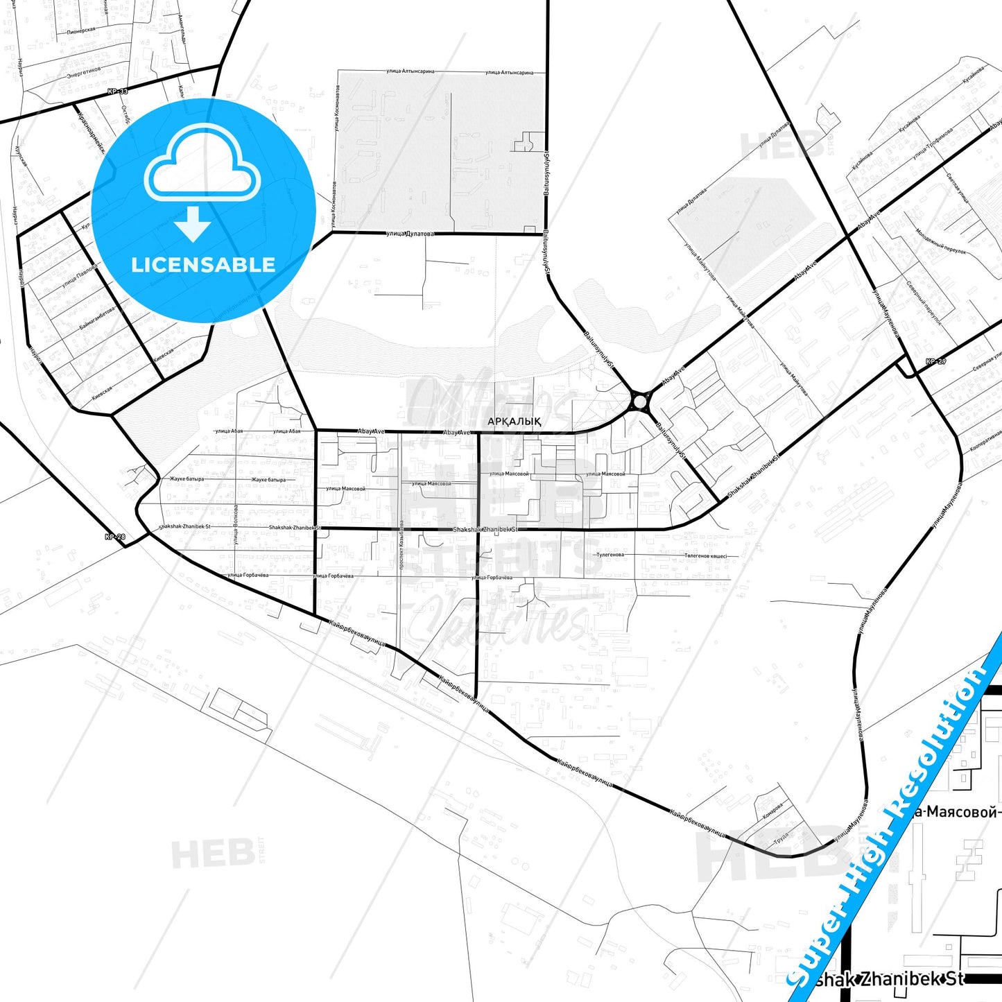 Arkalyk, Kazakhstan Light Map with Street Names, City Names, and Districts