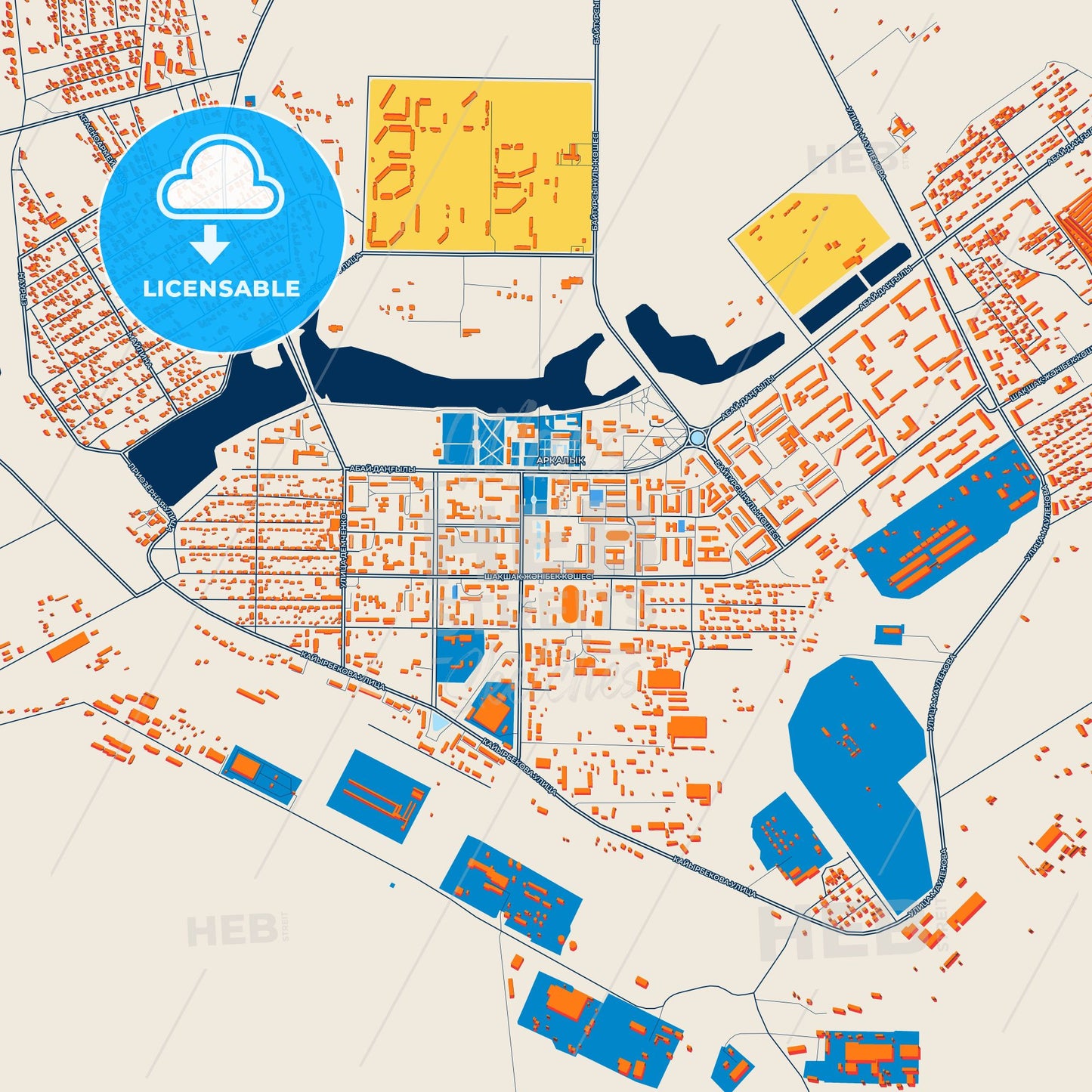 Colorful Arkalyk Street Map with Labels and Buildings
