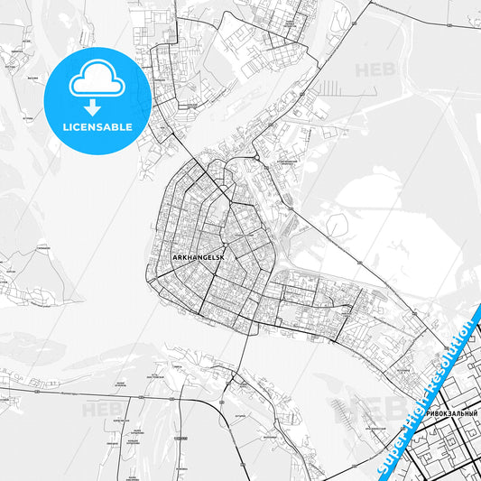 Arkhangelsk, Russia light map with streetnames, citynames and districts