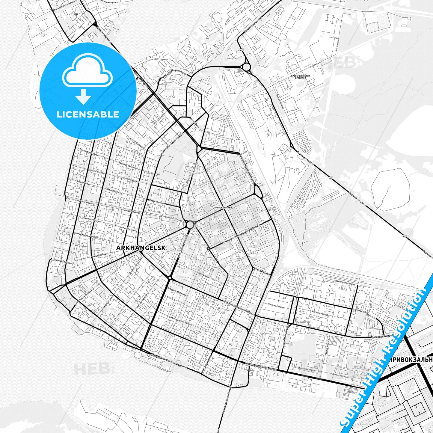 Arkhangelsk, Russia Light Map with Street Names, City Names, and Districts