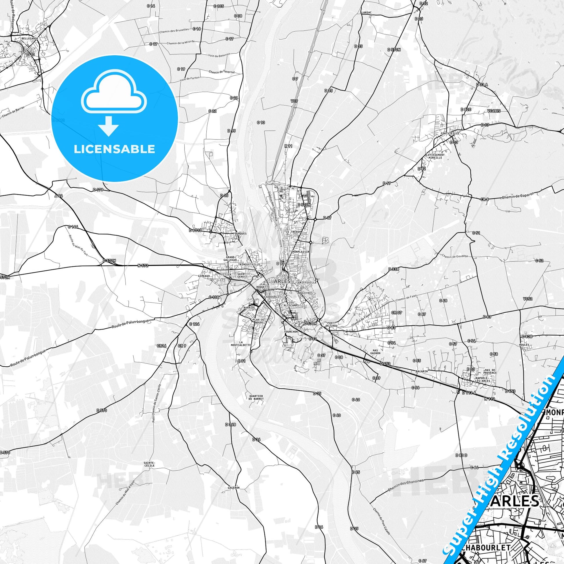 Arles, France light map with streetnames, citynames and districts