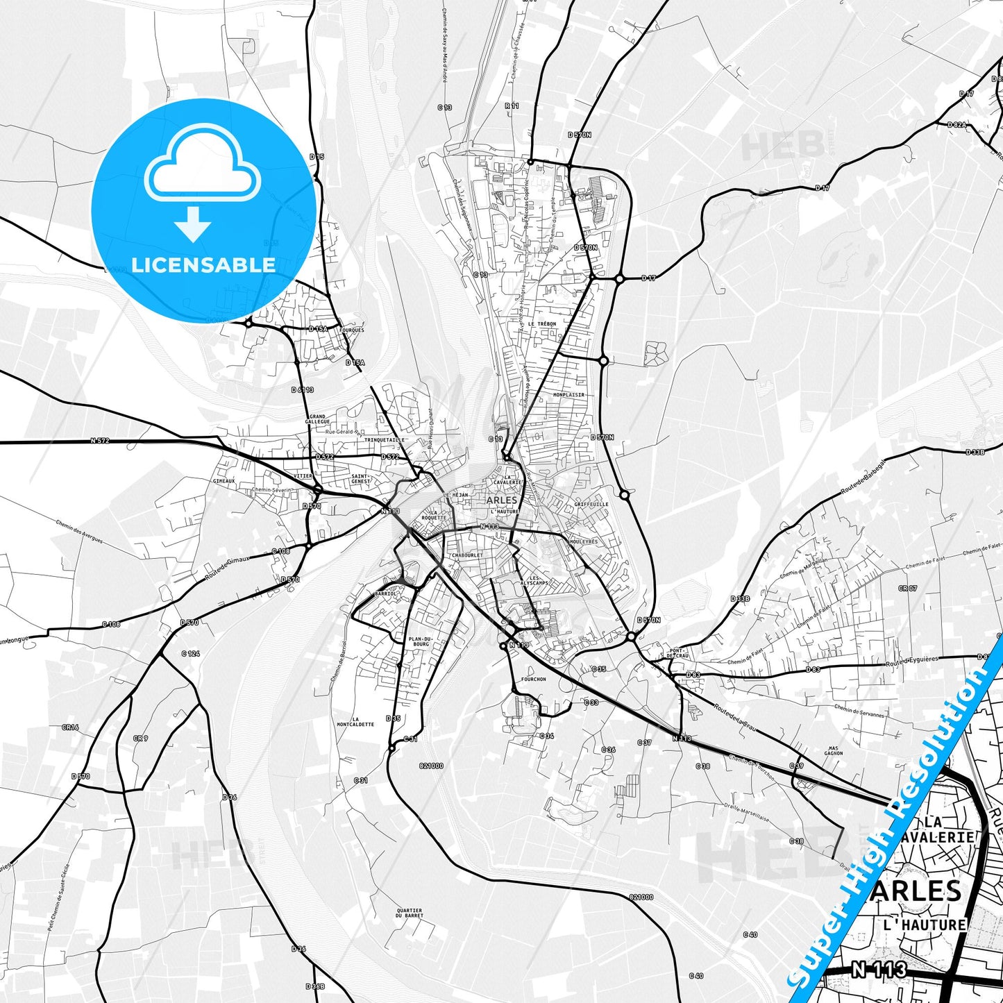 Arles, France Light Map with Street Names, City Names, and Districts