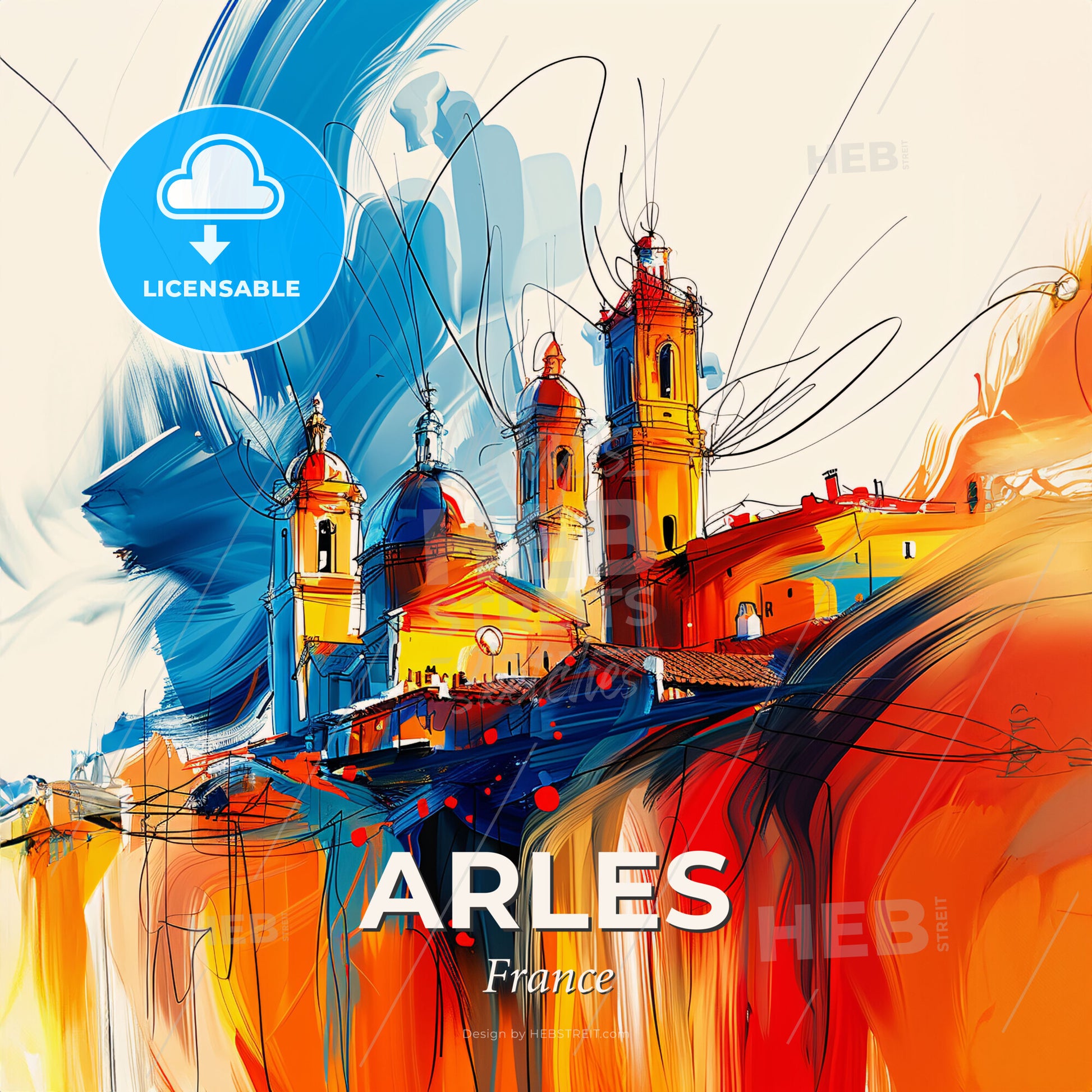 Vibrant Arles, France - A Painting Of A Building With Towers And A Blue And Orange Sky - Square format print template