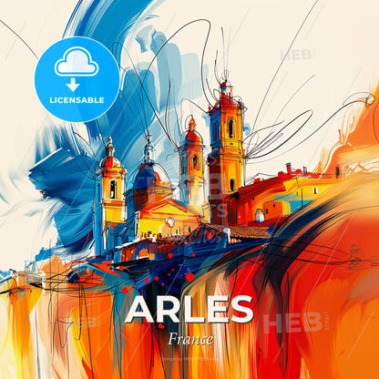 Vibrant Arles, France - A Painting Of A Building With Towers And A Blue And Orange Sky - Square format print template