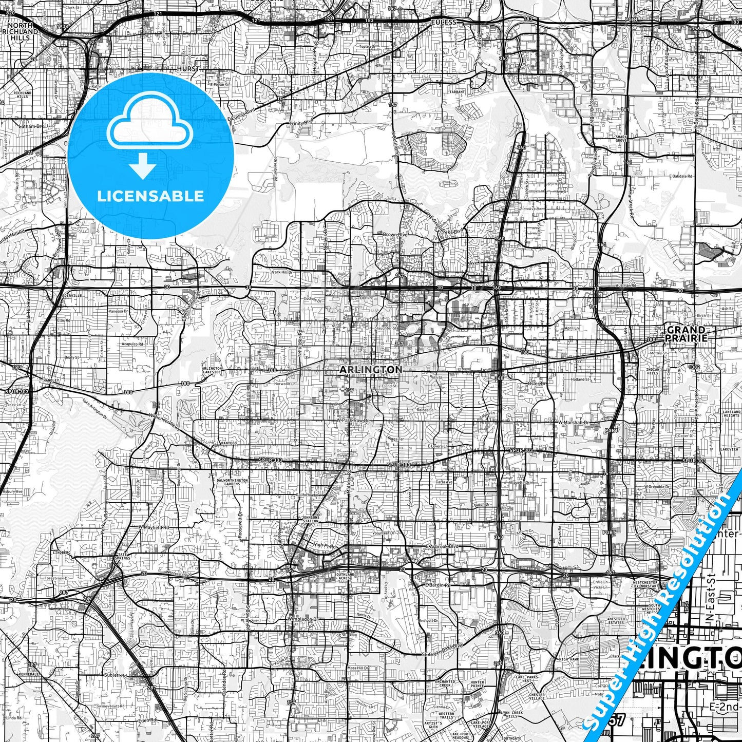 Arlington, Texas light map with streetnames, citynames and districts