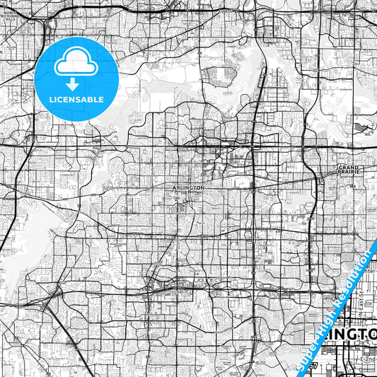 Arlington, Texas light map with streetnames, citynames and districts