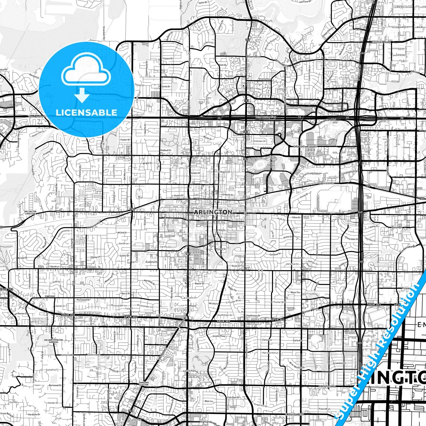 Arlington, Texas Light Map with Street Names, City Names, and Districts