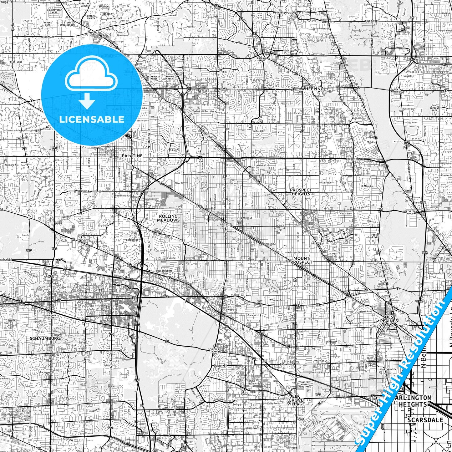 Arlington Heights, Illinois light map with streetnames, citynames and districts