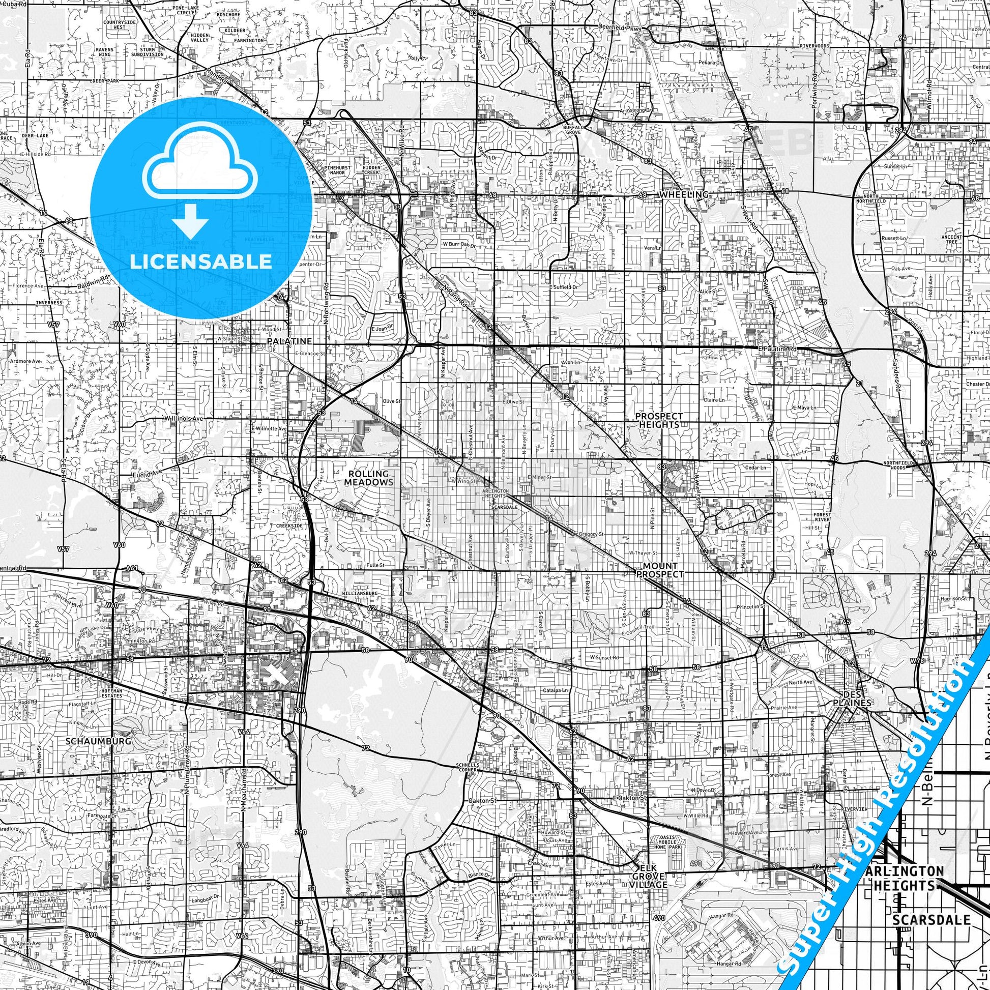 Arlington Heights, Illinois light map with streetnames, citynames and districts