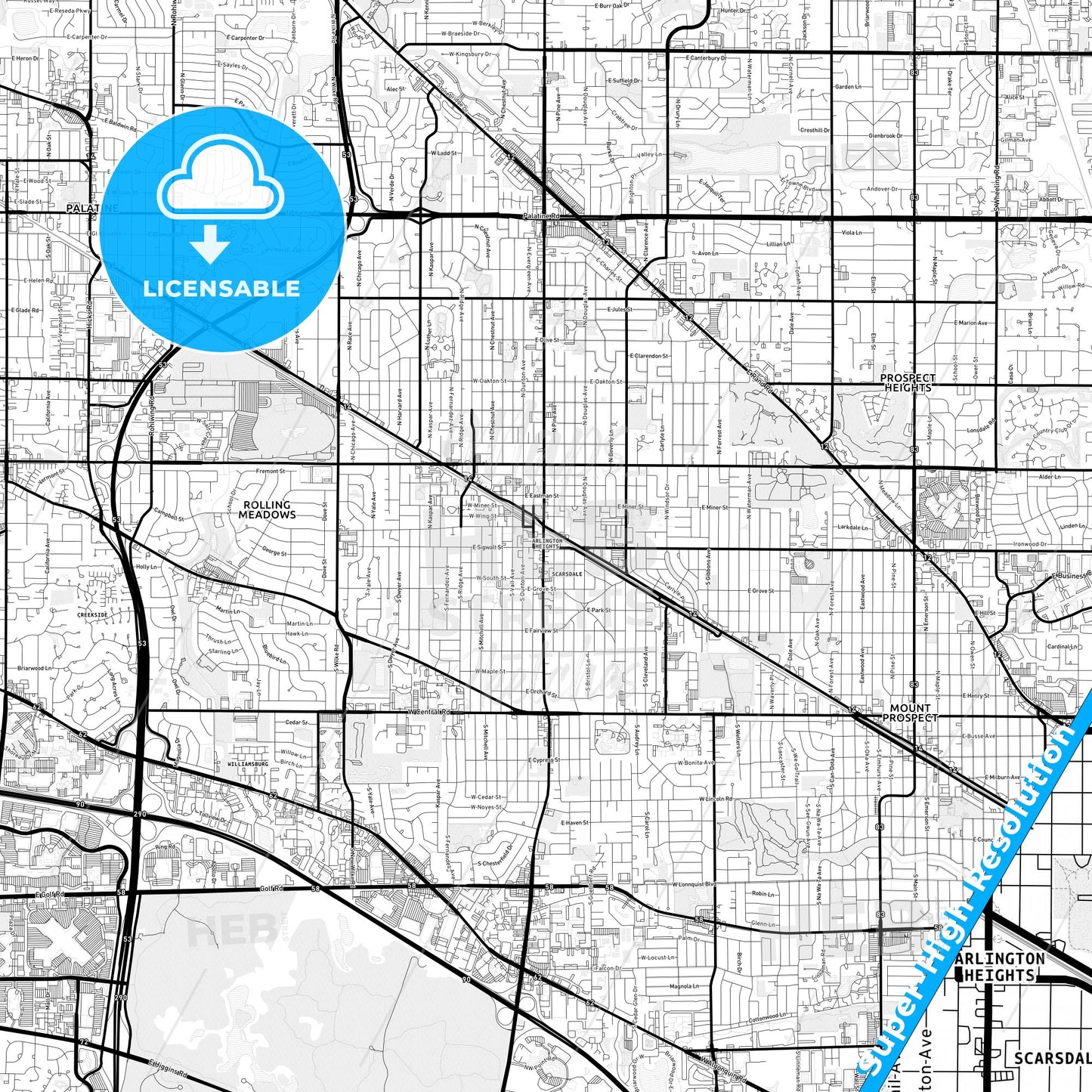Arlington Heights, Illinois Light Map with Street Names, City Names, and Districts