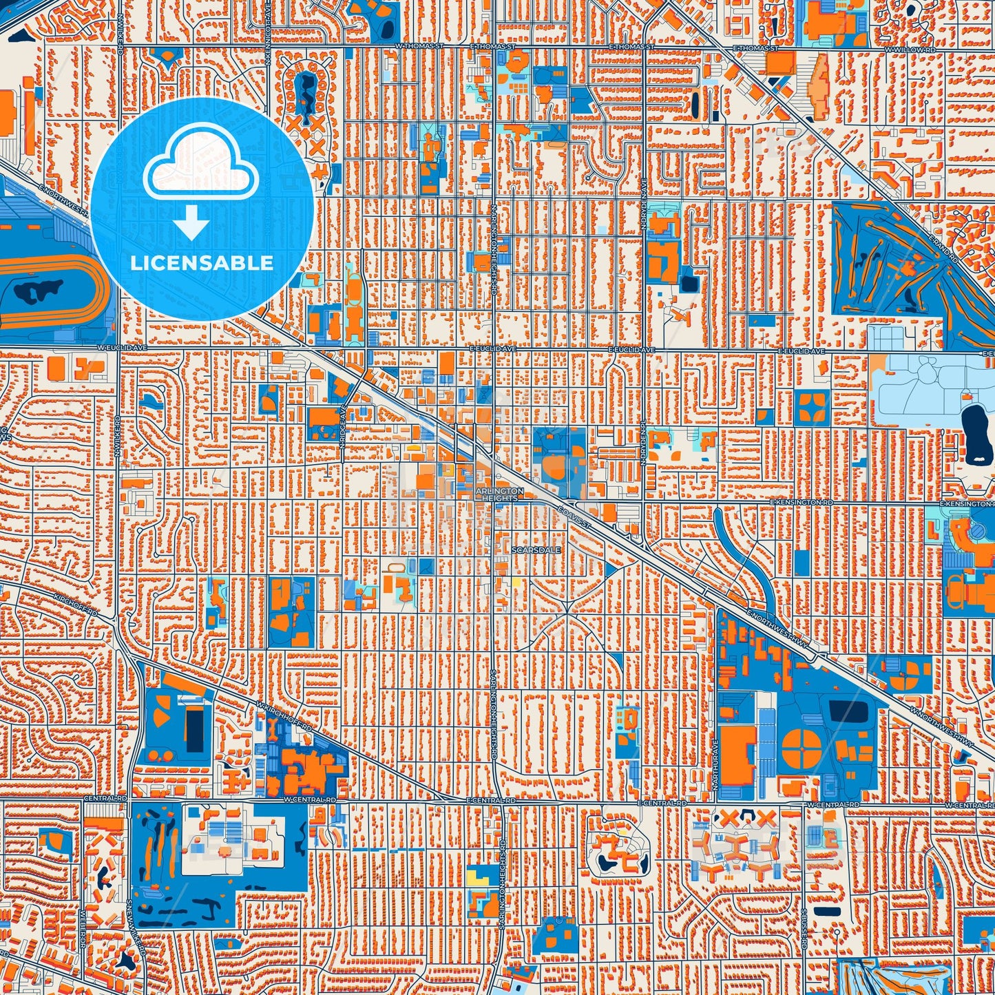 Colorful Arlington Heights Street Map with Labels and Buildings