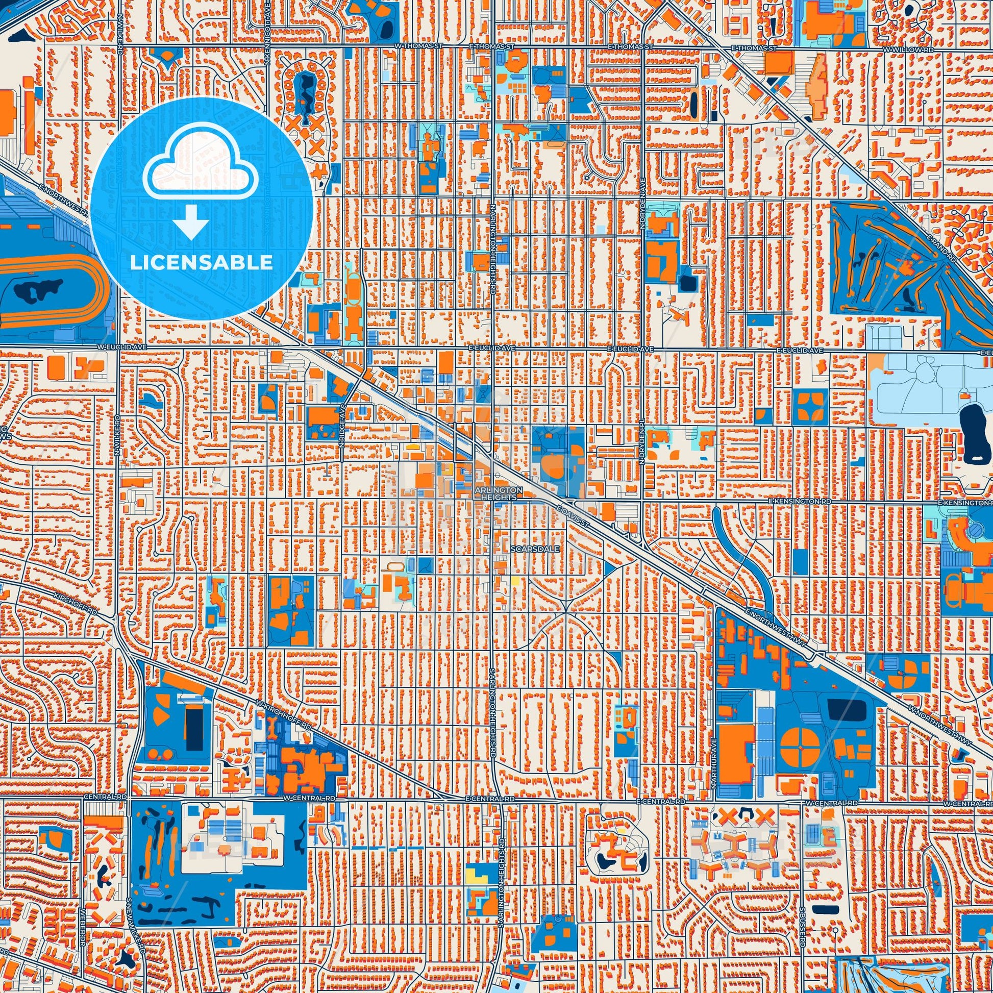 Colorful Arlington Heights Street Map with Labels and Buildings