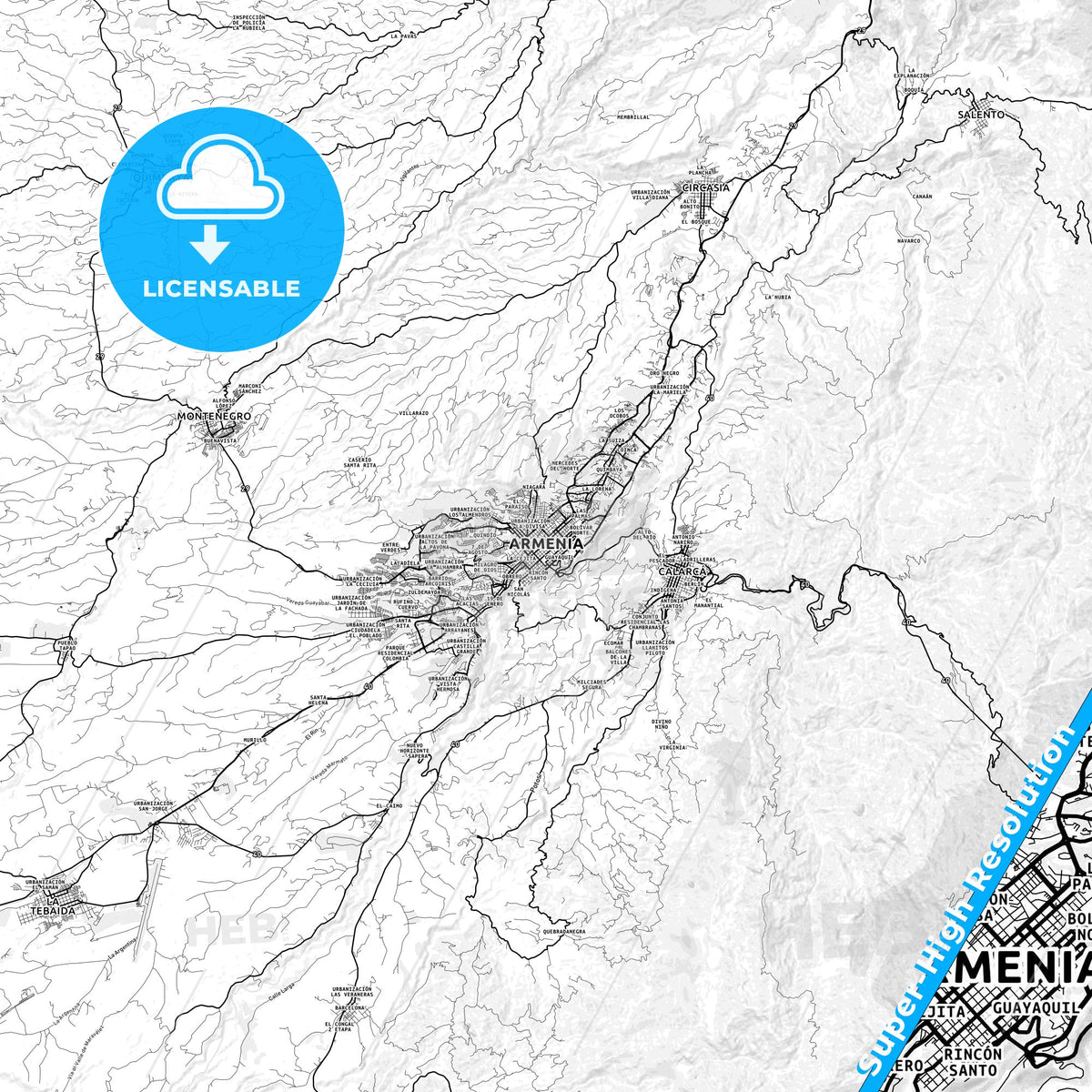 Armenia, Colombia light map with streetnames, citynames and districts