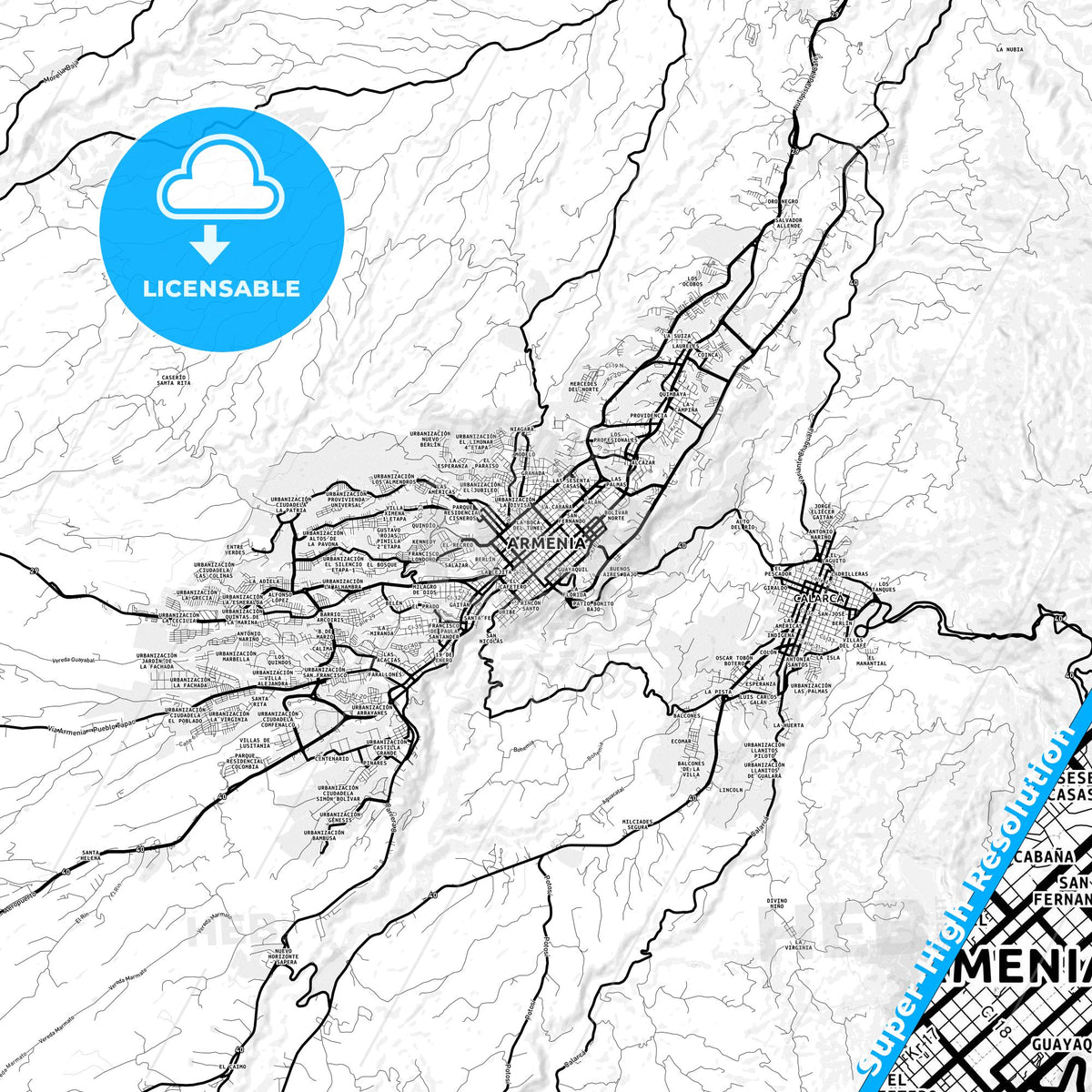 Armenia, Colombia Light Map with Street Names, City Names, and Districts